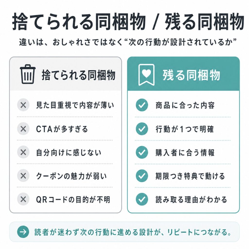 捨てられる同梱物／残る同梱物の比較図