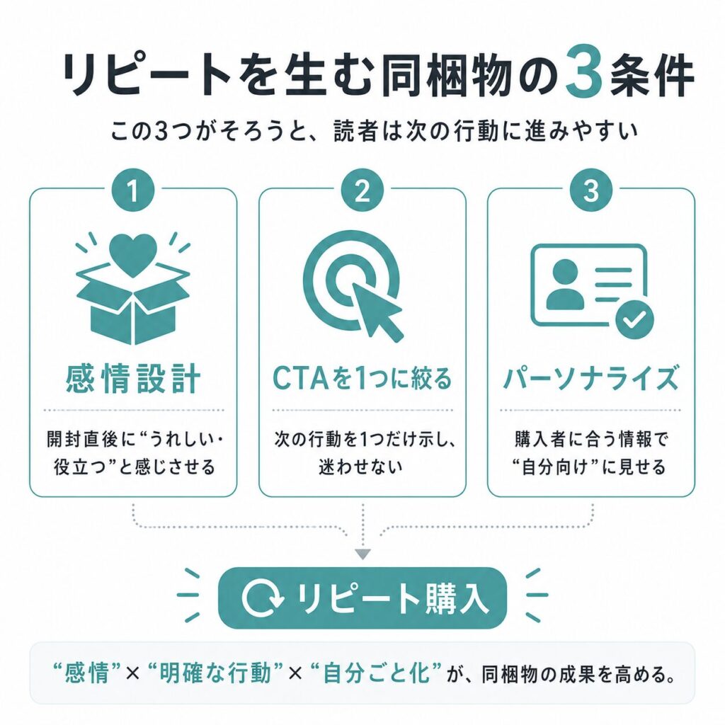 3条件：感情設計・CTA1本化・パーソナライズの図