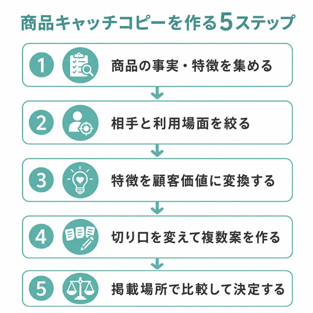 商品キャッチコピーを作る5ステップの流れを示した図