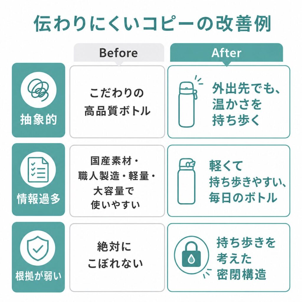 伝わりにくい商品キャッチコピーの改善前と改善後を比較した図