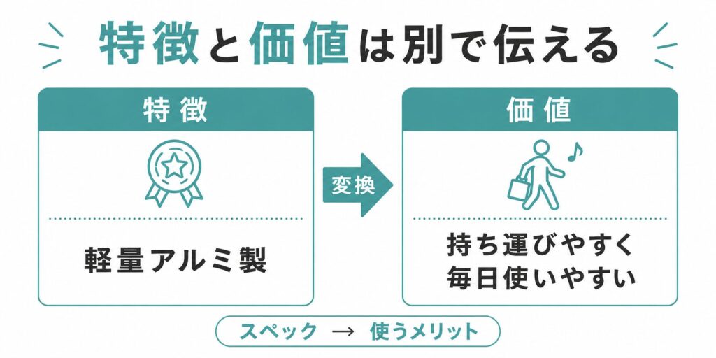 商品の特徴を購入者が得られる価値に変換する例