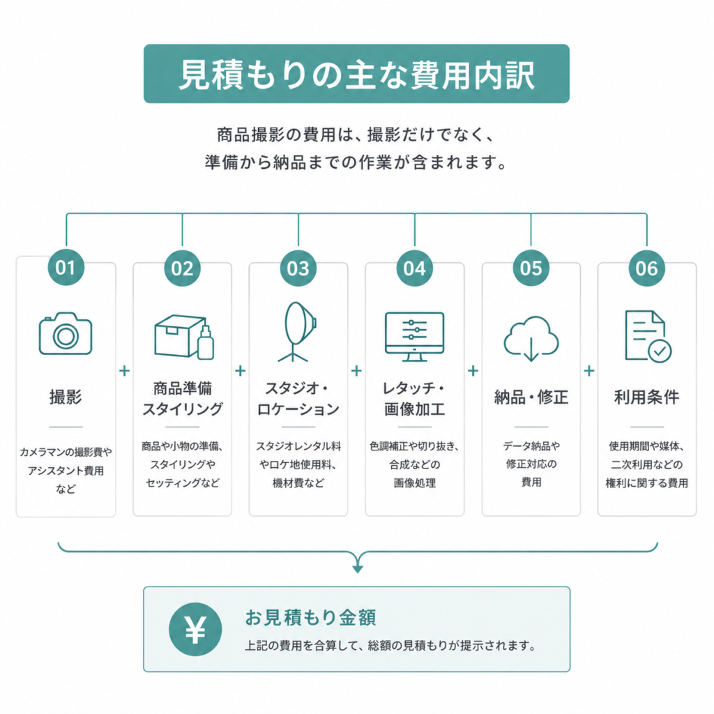 商品撮影の見積もりに含まれる主な費用内訳を整理した図解