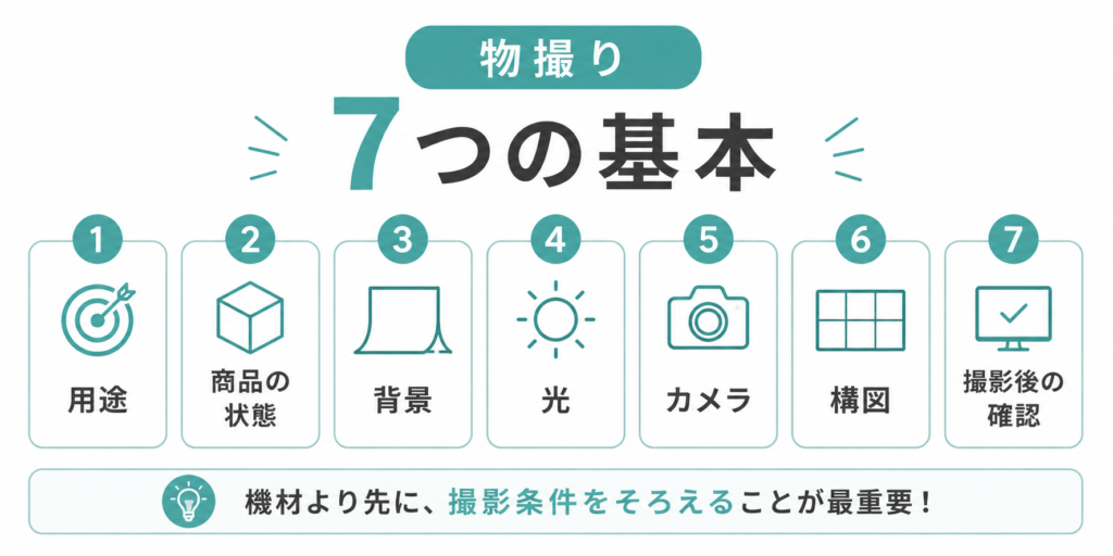 EC商品の物撮りで揃えたい用途・商品状態・背景・光・カメラ・構図・確認の7つの基本