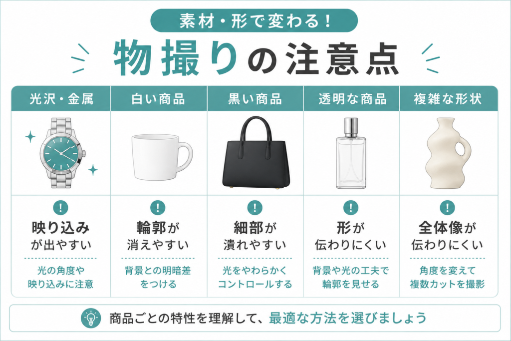 光沢・金属・白・黒・透明な商品の物撮りで起こりやすい問題の比較