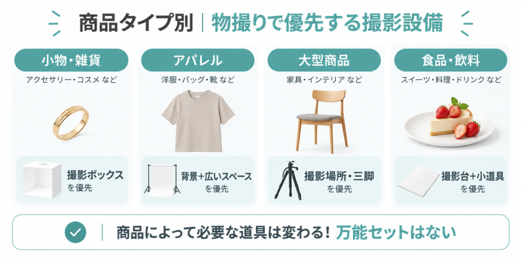 商品タイプ別の物撮りで優先する撮影設備の比較