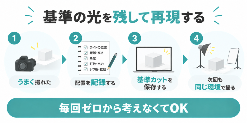物撮りでライト配置を記録して同じ撮影環境を再現する流れ