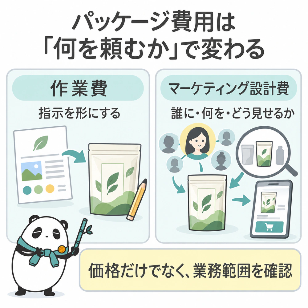 指示をデザインに落とし込む作業費と、ターゲットや競合、ECでの見え方を考えるマーケティング設計費を比較した図