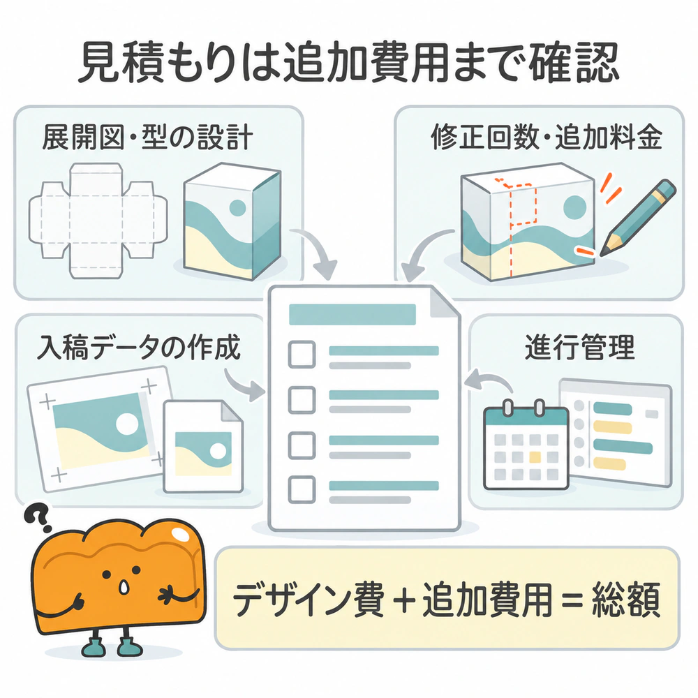 展開図と型の設計、修正回数と追加料金、入稿データ作成、進行管理の4項目を確認し、デザイン費と追加費用を合計した総額で比較するチェック図