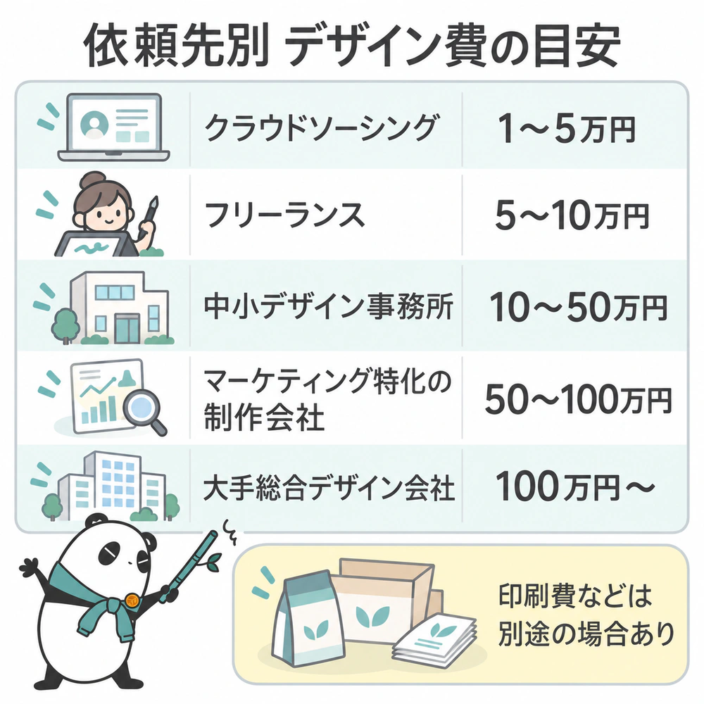 記事で示すデザイン費の目安はクラウドソーシング1〜5万円、フリーランス5〜10万円、中小デザイン事務所10〜50万円、マーケティング特化の制作会社50〜100万円、大手総合デザイン会社100万円以上で、印刷費などは別途になる場合がある