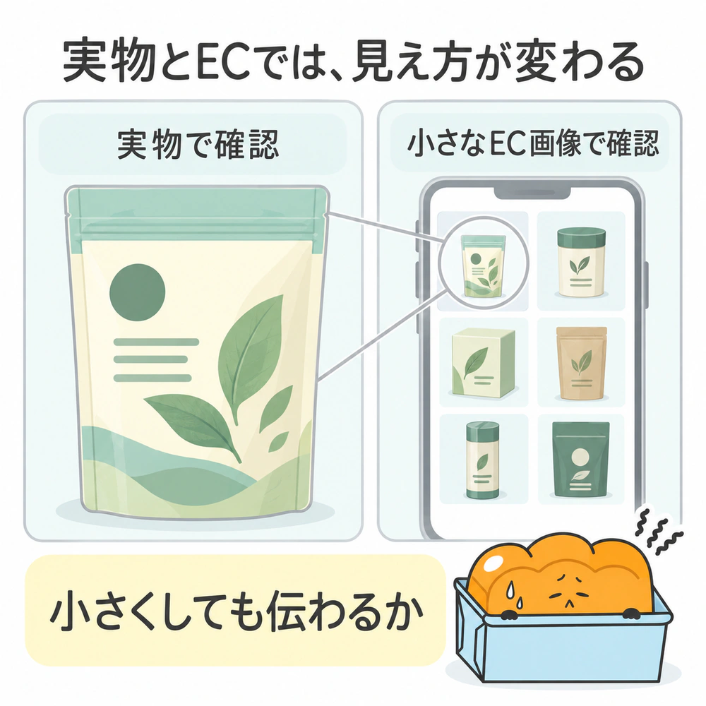 実物のパッケージとスマートフォンのEC商品一覧に縮小表示された同じ商品を比べ、小さな画像でも特徴が伝わるか確認する図